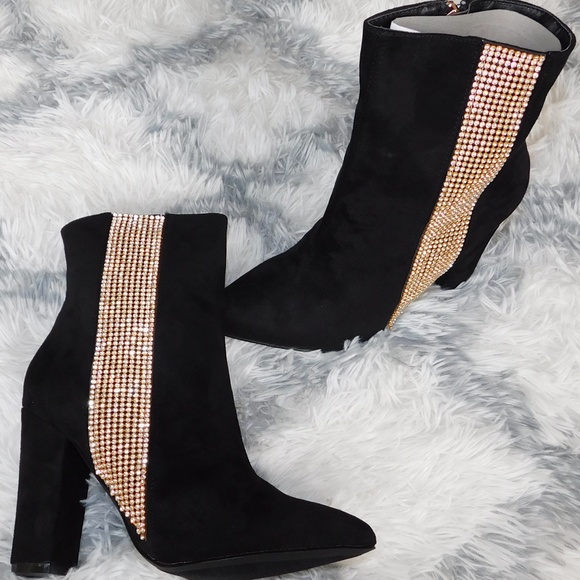 Black Suede Rhinestone Ankle Boot - Picture 3 of 6